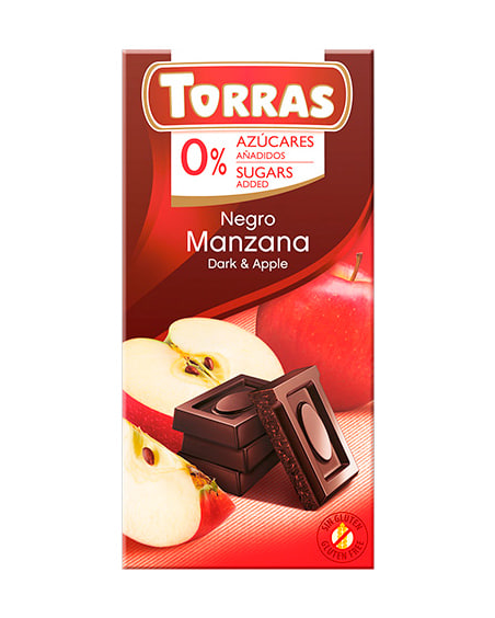 526 шоколад Torras чорний з яблуком без цукру 75 г, 12 шт/ящ